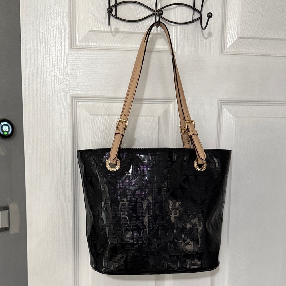 Michael Kors Black Patent MK Logo Tote with Tan Straps